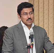 The Minister of State for Youth Affairs and Sports (IC) and Information & Broadcasting, Col. Rajyavardhan Singh Rathore addressing after felicitating the winners of the World Youth Boxing Championship 2017, at a function (cropped).jpg
