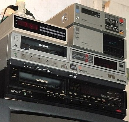 Three Sony Betamax VCRs built for the American market. Top to bottom: SL-2000 portable with TT-2000 tuner/timer "Base Station" (1982); SL-HF 300 Betamax HiFi unit (1984); SL-HF 360 SuperBeta HiFi unit (1988).