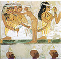 Femmes égyptiennes lors d'une fête ; l'une est une servante, XVe siècle avant notre ère.