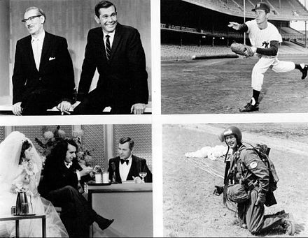 Some memorable moments. Top left: Carson's first show with Groucho, 1962. Top right: Carson practices pitching at Yankee Stadium, 1962. Bottom left: Tiny Tim's wedding, 1969. Bottom right: Carson does a skydiving demonstration, 1968.