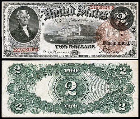 Series 1880 $2 Legal Tender note showing a large brown treasury seal. The signatures of Blanche Bruce & A. U. Wyman are present on the obverse near the bottom. US-$2-LT-1880-Fr-52.jpg