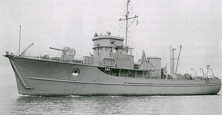 The U.S. Navy auxiliary motor minesweeper USS YMS-143 when new in February 1943. Secretly transferred to the Soviet Navy on 17 May 1945 during Project Hula, she became T-522 and took part in the Soviet conquest of the Japanese province of Karafuto on southern Sakhalin Island between 11 and 25 August 1945. T-522 served in the Soviet Navy until stricken in July 1956 and dismantled for spare parts. USS YMS-143.jpg