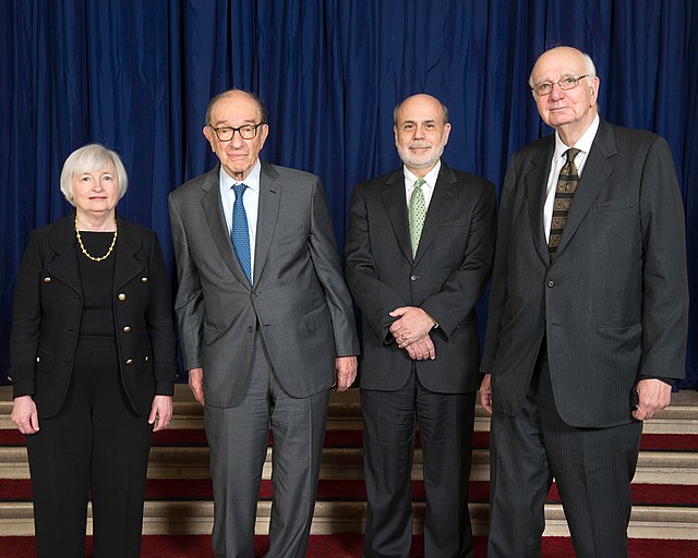 Federal Reserve Chairs (Left to Right): Janet Yellen, Alan Greenspan, Ben Bernanke, and Paul Volcker. Yellen was vice chair when the photograph was ta