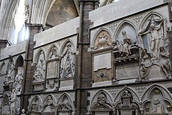 The west wall of Poets' Corner View of the west wall of Poets' Corner, Westminster Abbey.jpg