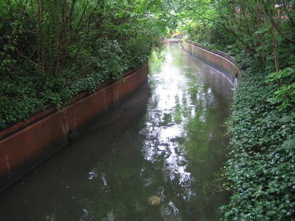 The Wealdstone Brook by a footbridge near Shaftesbury Drive