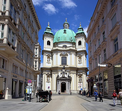 Blick vom Graben durch die Jungferngasse nordwärts auf die Peterskirche Wien