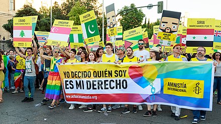 Amnesty International sign at the WorldPride Madrid in July 2017