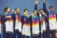 Kashyap (centre) at the presentation ceremony, Commonwealth Games-2010 XIX Commonwealth Games-2010 Delhi Indian Badminton Team won the Silver Medal (Mixed Team), during the medal presentation ceremony, at Siri Fort Complex, in New Delhi on October 08, 2010.jpg