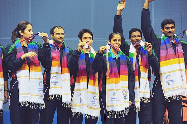 Kashyap (centre) at the presentation ceremony, Commonwealth Games-2010