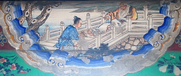 An illustration of Zhang Liang putting Huang Shigong's shoe back on at the Long Corridor of the Summer Palace, Beijing.