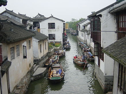 A canal in Zhouzhuang.  Boat operators ferry tourists down the canals while singing songs