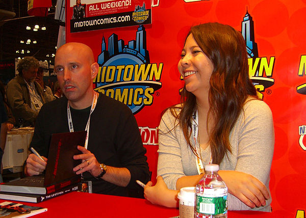 Staples and Brian K. Vaughan at the Midtown Comics booth at the 2012 New York Comic Con