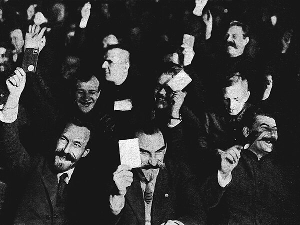 The victors of the 15th Congress; Rykov (left), Mykola Skrypnik (center) and Stalin (right)