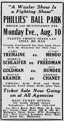 A 1925 advertisement for boxing matches at "Phillies' Ball Park" 19250730 Philadelphia Inquirer p18.jpg