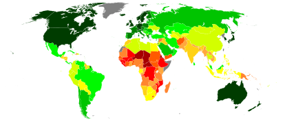 World map indicating the Human Development Index (based on 2015 and 2016 data, published on 21 March 2017).