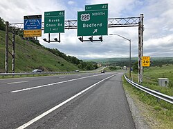 2019-05-17 12 31 33 View west along Interstate 68 and U.S. Route 40 (National Freeway) at Exit 47 (U.S. Route 220 NORTH, Bedford) in Pleasant Grove, Allegany County, Maryland.jpg