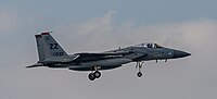 A US Air Force F-15C Eagle, tail number 81-0032, on final approach at Kadena Air Base in Okinawa, Japan.