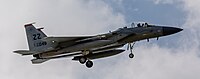 A US Air Force F-15C Eagle, tail number 83-0046, on final approach at Kadena Air Base in Okinawa, Japan