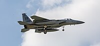 A US Air Force F-15C Eagle, tail number 85-0095, on final approach at Kadena Air Base in Okinawa, Japan. The aircraft is assigned to the 44th Fighter Squadron.