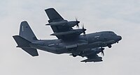 A US Air Force MC-130J Commando II, tail number 10-5714, on final approach at Kadena Air Base in Okinawa, Japan. It is assigned to the 1st Special Operations Squadron at Kadena AB.