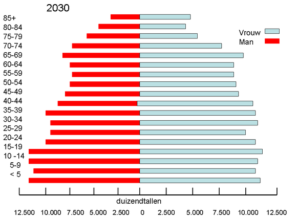 Grafiek van de verwachte samenstelling van de bevolking naar leeftijd in de Verenigde staten, rondom het jaar 2030 (Bron: Quin, J.F., 1996).
