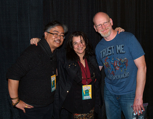 Nocenti with Whilce Portacio and Arthur Adams at the 2015 East Coast Comicon, during the 30th anniversary year of their collaboration on Longshot, and