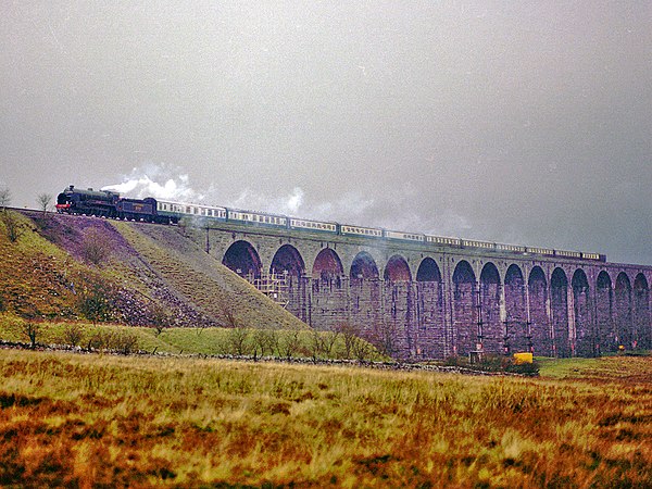 Steam locomotive Sir Lamiel on the Ribblehead Viaduct in 1982