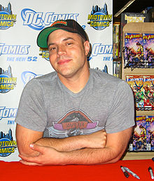Johns at the August 31, 2011 midnight signing of Flashpoint #5 and Justice League (Vol 2) #1 at Midtown Comics Times Square, which launched The New 52