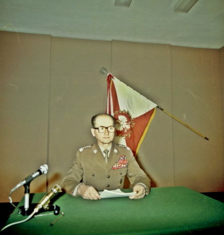 Jaruzelski in a television studio, preparing to announce the imposition of martial law, 1981