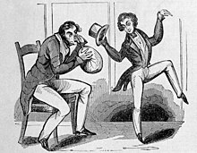 1840 illustration of a man inhaling nitrous oxide, and another experiencing its effects A man breathing in nitrous oxide (cropped).jpg