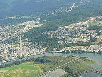 Aerial view of central Port Alberni showing the Somass entering the Alberni Inlet.