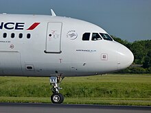 Air-Cobot can estimate its position relative to an aircraft by using visual landmarks on the fuselage. Airbus A320 (Air France) (5796695561).jpg