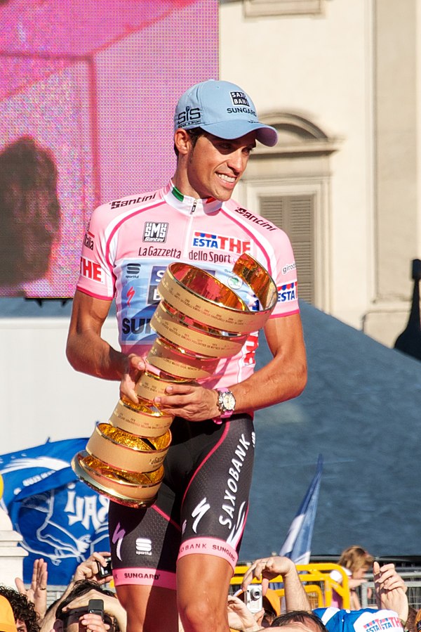 Alberto Contador celebrating his overall victory in Milan. He was later stripped of the title