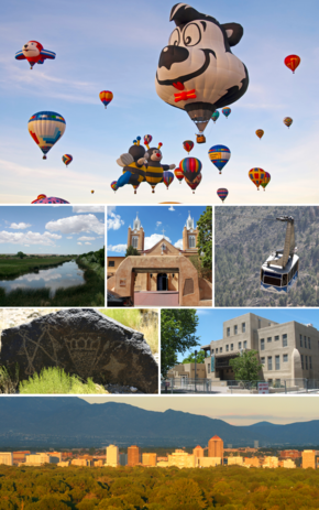 From top, left to right: International Balloon Fiesta, Downtown; ریو قرانده چایی; San Felipe de Neri Church; Sandia Peak Tramway; Petroglyph National Monument; نیومکزیکو بیلیم‌یوردو; and Downtown