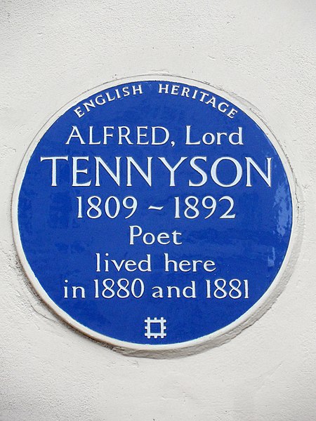 English Heritage blue plaque at 9 Upper Belgrave Street, Belgravia, London, commemorating Poet Laureate Alfred, Lord Tennyson (erected 1994)