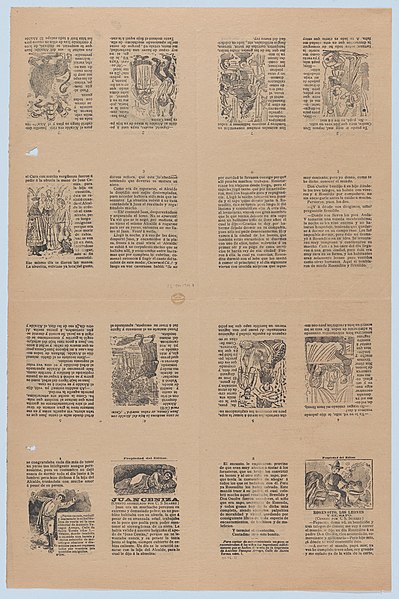 File:An uncut sheet printed on both sides with pages from 'Juan Ceniza' (cuento arreglado por C. S. Suarez) and 'Rosendito, los leones y el sapo' (cuento por C. S. Suarez) MET DP873189.jpg