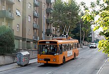 Menarini trolleybus 4 inbound from Tavernelle in 2007, less than one year after trolleybus service to that hilly district was restored after 32 years Ancona Menarini trolleybus 4 on Via delle Tavernelle in 2007.jpg