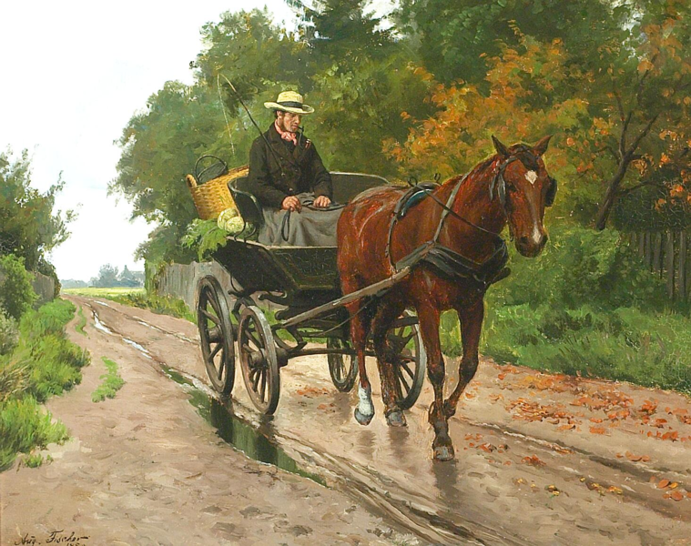 File:August Fischer - Hestekøretøj på en landevej, kusken nyder en pibe tobak - 1880.png