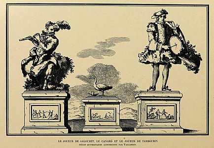 Affiche publicitaire pour la présentation des trois automates de Vaucanson à Strasbourg en 1746. Bibliothèque nationale (la taille des piédestaux a été réduite et la légende indique de façon erronée « Joueur de galoubet » pour le flûtiste)