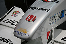 The team had Reynard chassis and Honda engines (although in the maiden season they used Supertecs instead) BAR 002 front nose Honda Collection Hall.jpg