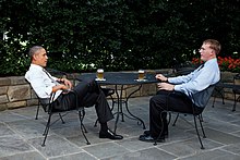 Barack Obama and Dakota Meyer drinking White House Honey Ale in 2011. The recipe is available for free. Barack Obama and Dakota Meyer sharing a beer.jpg
