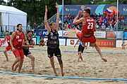 Deutsch: Beachhandball Europameisterschaften 2019 (Beach handball Euro); Tag 6: 7. Juli 2019 – Spiel um Platz Drei, Männer, Ungarn-Russland 2:0 (26:20, 23:22) English: Beach handball Euro; Day 6: 7 July 2019 – Men's Bronze Medal Match – Hungary-Russia 2:0 (26:20, 23:22)