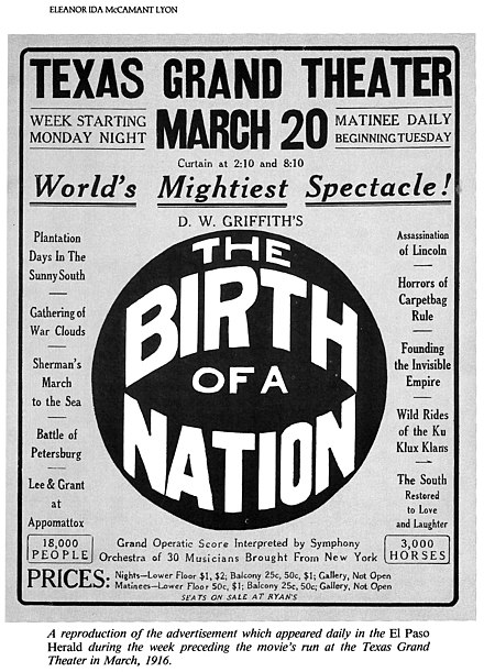 A 1916 newspaper advertisement announcing the film's screening in El Paso, Texas