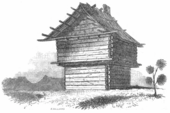 Example of a block house such as those at Buchanan's Station. The upper floor projected outward, with port holes in the upper chamber enabling defenders to shoot at attackers. Block house illustration.png