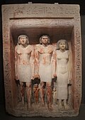 Pseudo-group of five statues; 2465–2323; painted limestone; from Giza; Museum of Fine Arts (Boston)