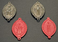 Matrice de sceau double en argent de Jeanne d'Angleterre datant de 1196-99, trouvé à l'abbaye de Grandselve, aujourd'hui conservé au British Museum.