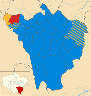 Map of the results of the 2010 Bromley council election. Conservatives in blue, Labour in red and Liberal Democrats in yellow. Bromley London UK local election 2010 map.svg