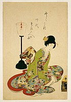 A Seated Woman with a Lacquer Candle Stand (c. 1875) by Chikanobu. Wood-block print, 36.2 × 23.8 cm (14.25 × 9.37 in). Collection of Brooklyn Museum