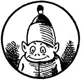 パーマー コックスが描いたブラウニー。素っ頓狂な顔つきをしている小人で、ドングリのようにもミエル形の頭巾をかぶっている。