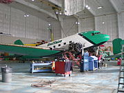 A Buffalo Airways DC3 undergoing maintenance at Yellowknife